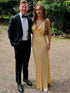 Backless Satin Bridesmaids Dresses With Spaghetti Straps And V Neck Floor Length Side Slit