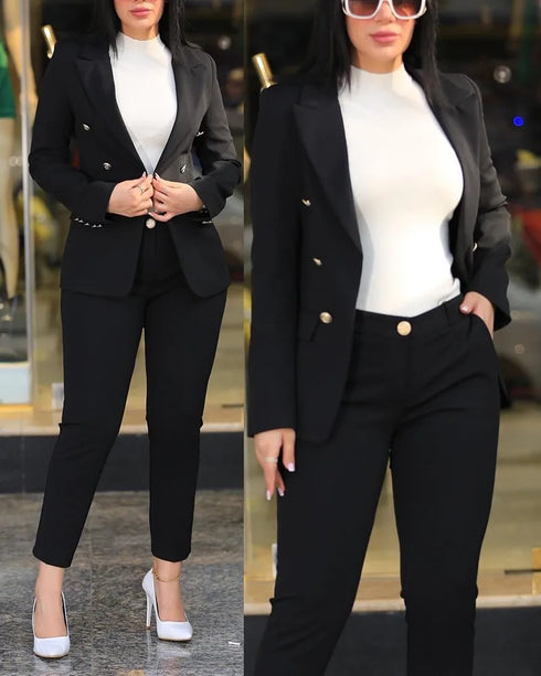 Chic Women's Long Sleeve Suit with Slim-Fit Wrap Buttock Pencil Pants – Elegant 2 Piece Office Ensemble for Autumn and Winter Fashion