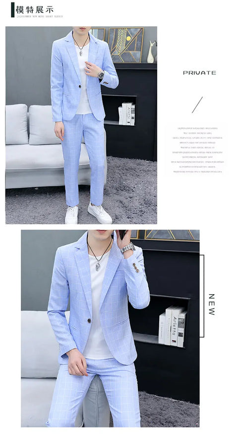 Korean Slim Fit Two-Piece Suit Set for Men Casual Trendy British Style Coat and Trousers