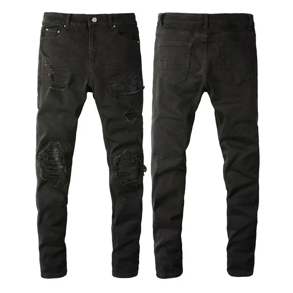 Korean Fashion Men's Black Jeans Ripped Slim Fit Street Style
