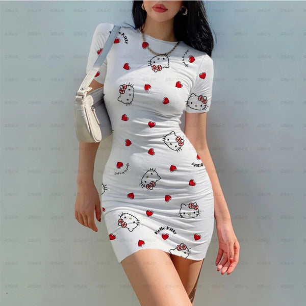 Hello Kitty Short Sleeve Bodycon Cartoon Dress for Women