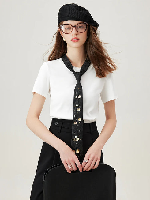 FSLE【4 Colors】Women Round Neck Casual Grey Summer T-Shirt Black Cotton Square Neck Short Sleeve Elastic Tees 24FS12797+24FS12798