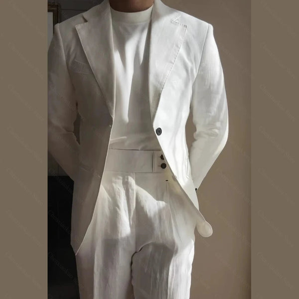 Chic Linen Men Suits 2 Piece Summer Single Breasted Notch Lapel Wedding Casual Office Party Costume