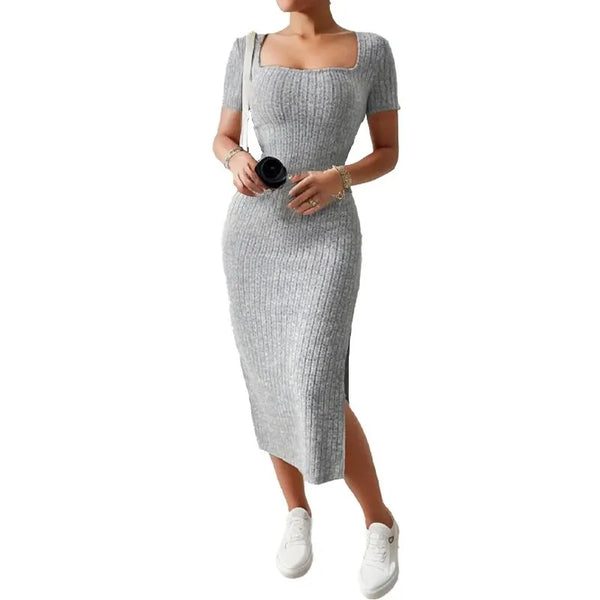 Versatile Summer Slit Dress with Square Neck and Hip-Hugging Skirt
