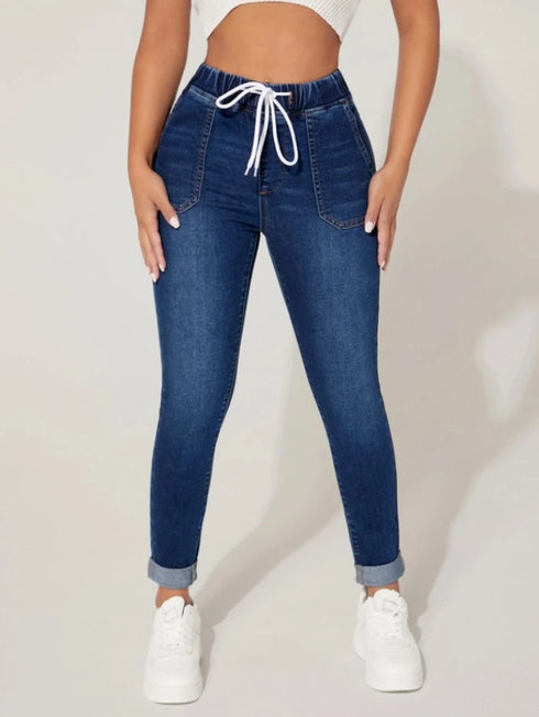 Autumn and Winter Women's Stretch Elastic Waist Jeans Fashion Skinny Ankle-Length Denim Pants
