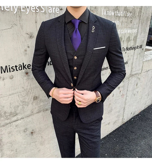 Slim Fit Men's Three Piece Suit with Vest and Trousers for Wedding