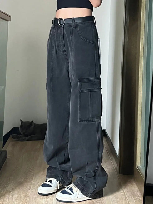 Autumn Women Harajuku Cargo Baggy Jeans Wide Leg Streetwear