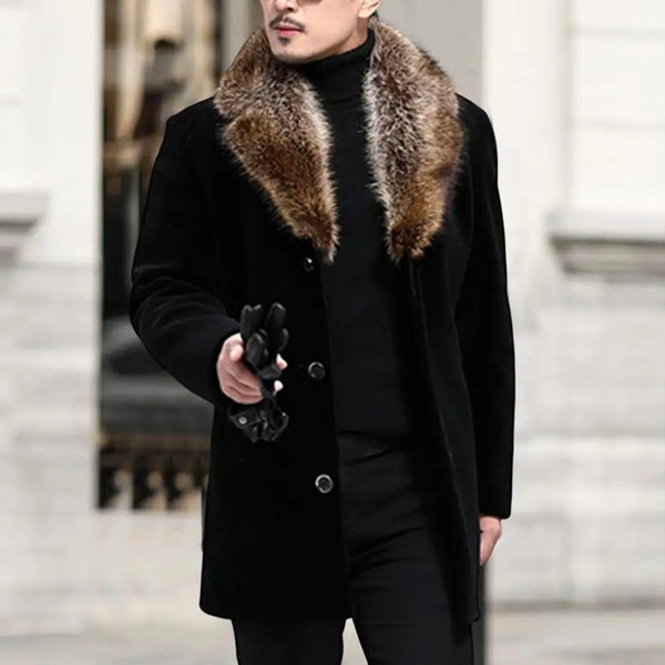 Men's Woolen Coat with Faux Fur Collar - Stylish Single-Breasted Jacket for Autumn and Winter Casual Outwear