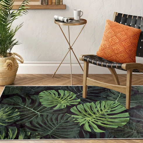 Tropical Dark Green Leaves Pattern Living Room Area Rug Washable Indoor Floor Mat Decor