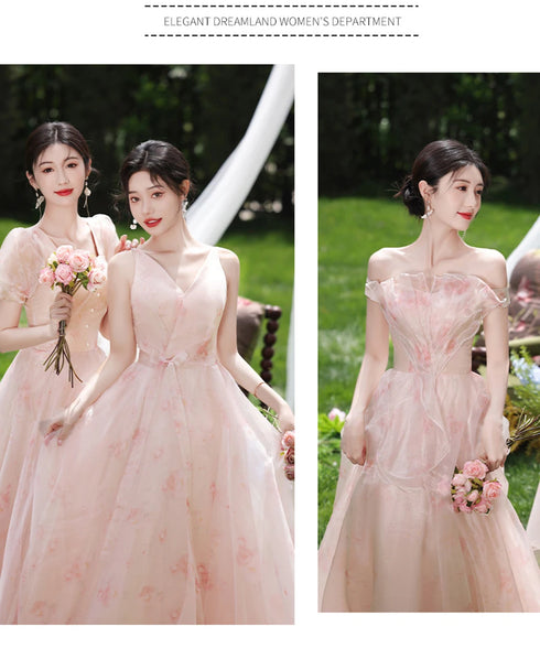 Off Shoulder Bridesmaid Dress Elegant Bubble Sleeve Floral Print Aline Gown For Party