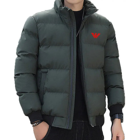Versatile Winter Down Jacket for Men - Casual Solid Color Thick Warm Outerwear with Printed Design and Appliques
