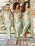 Elegant Satin Cowl Neck Sleeveless Midi Dress With Side Slit Spaghetti Straps Bridesmaids Dress