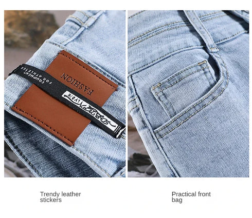 Slim Straight Elastic Denim Pipe Pants for Women - Versatile All-Season Trousers with Pockets and Tie Dye Details for Trendy Fall Outfits