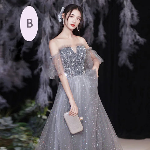 Off Shoulder Lace Illusion A Line Dress Floor Length Glitter Tulle Bow Bridesmaid Dress