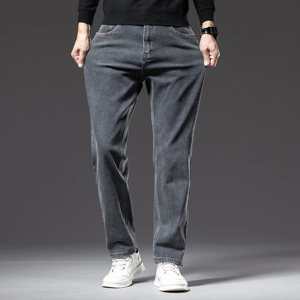 Autumn and Winter Men's Straight Loose Dark Gray Jeans Classic Style High Elasticity Baggy Pants Plus Size