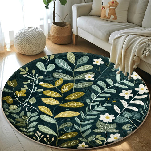 Plant Pattern Round Carpet Plush Lounge Rug for Living Room and Bedroom