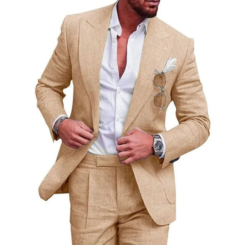 Elegant Men's Linen Suit Set - 2 Piece One Button Slim Fit for Smart Casual Events and Year-Round Style