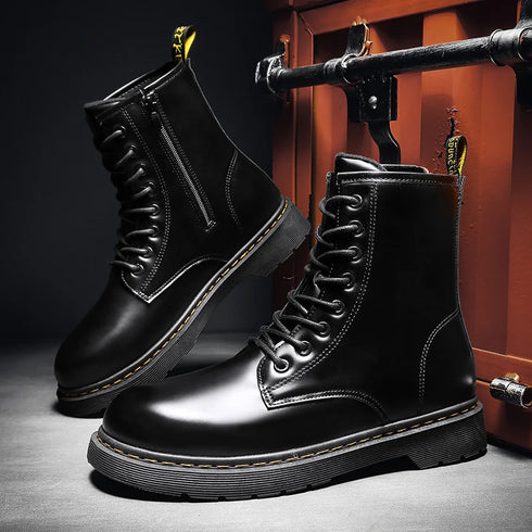 Men's Classic Leather Biker Boots - Trendy Waterproof Ankle Footwear for Autumn & Winter