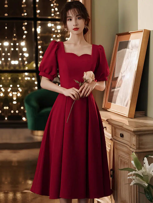 Elegant Red Midi Dress Women Summer Vintage Evening Party Dress Casual Fashion Formal Occasions One Piece Dress
