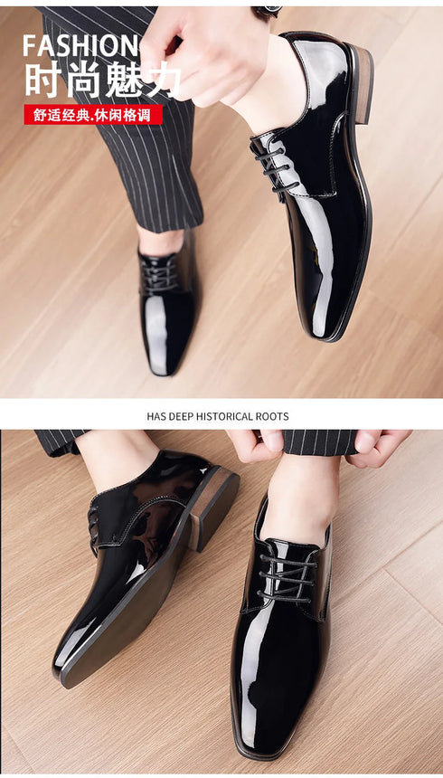 Luxury Designer Men's Oxfords - Lace-Up Patent Leather Pointed Dress Shoes for Formal Occasions and Business Events