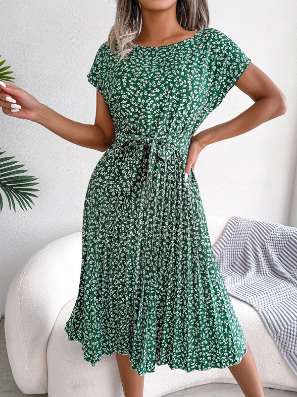 Chic Floral A-Line Dress for Women - Spring Summer Short Sleeve Pleated Style