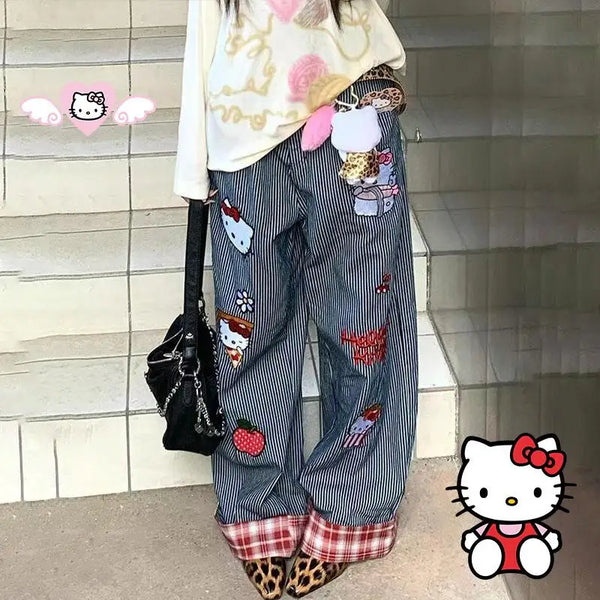 High Waist Wide Leg Jeans With Letter Embroidery Stripe Denim Pants For Women Everyday