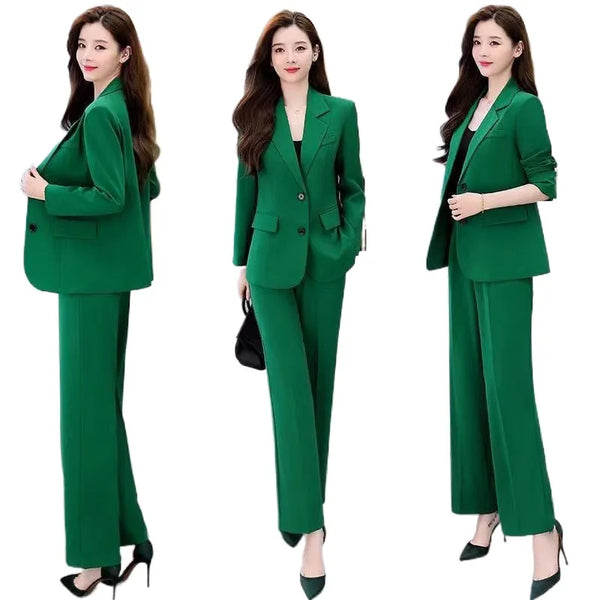 Elegant Women's Casual Blazers and Wide Leg Pants Two-Piece Set for Spring and Autumn Office Style