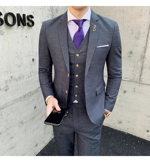 Slim Fit Men's Three Piece Suit with Vest and Trousers for Wedding