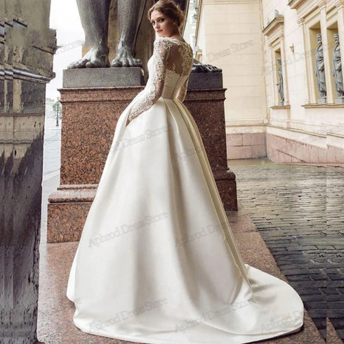 Elegant Satin Wedding Dress With Vintage Lace Appliques Back Lace Up Floor Length
