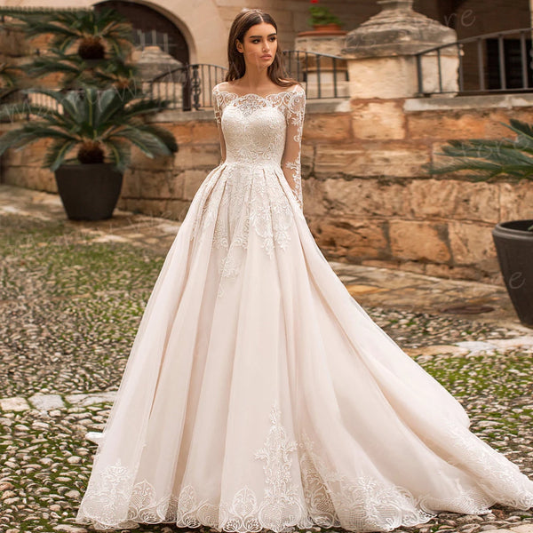 Aline Wedding Dress With Lace Appliques And Long Sleeve Floor Length Button Back Bridal Gown Maternity Friendly