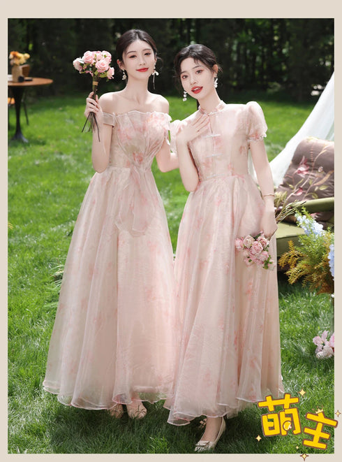 Off Shoulder Bridesmaid Dress Elegant Bubble Sleeve Floral Print Aline Gown For Party
