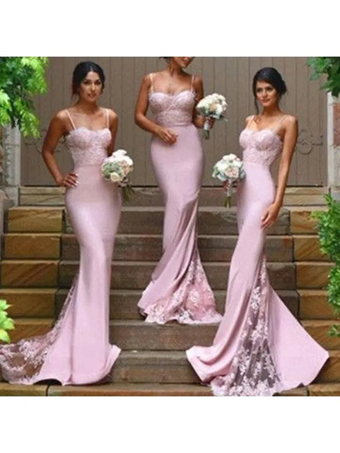 Mermaid Lace Long Bridesmaid Dress With Sweetheart Neckline, Backless Spaghetti Straps