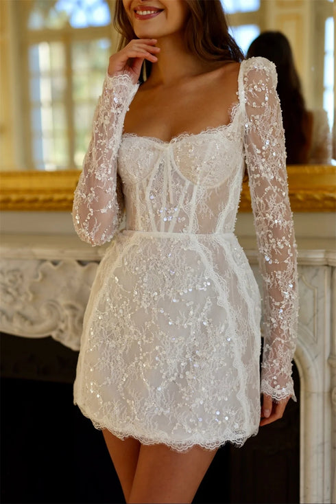 Customized Sequin Lace Mini Skirt Wedding Dress with Square Neck and Long Sleeves Lace-Up Back Short Gown