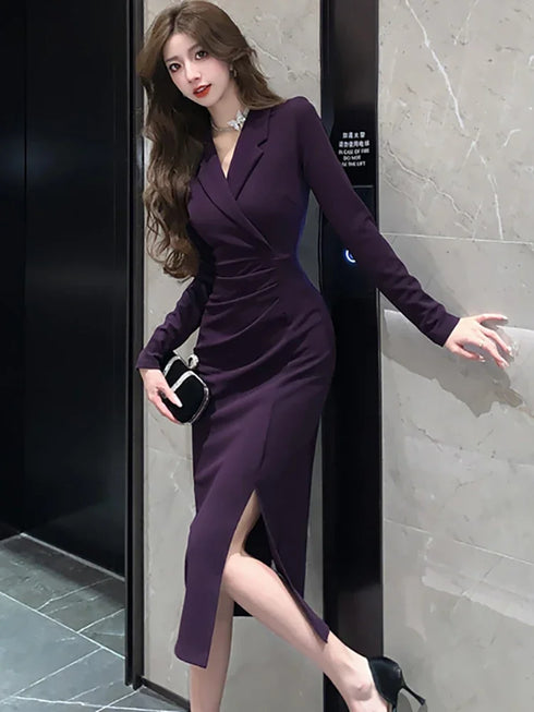 Purpled Elegant Pleated Bodycon Suit Dress for Women Chic Formal Dress
