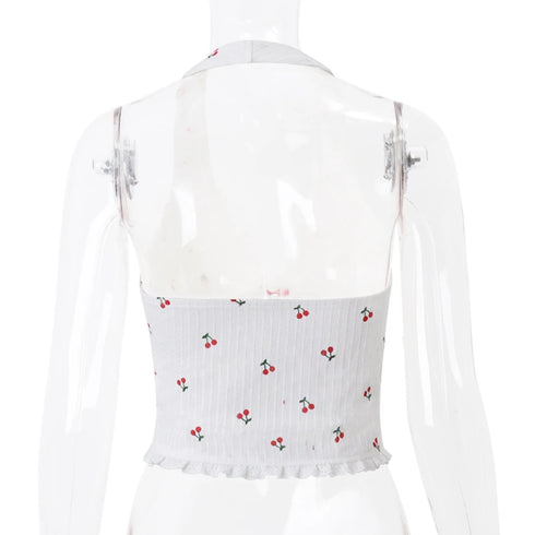 FZCSPEED Sleeveless Printed Halterneck V-neck Crop Top Backless Cherry Print Bow Slim Fit Crop Top