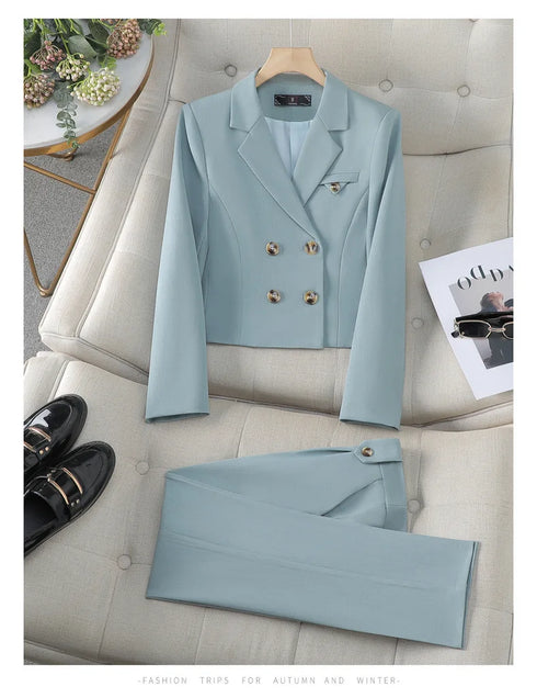 Chic Women's Office Suit Set: Long Sleeve Double Breasted Short Tops with Slim High Waisted Pencil Pants for Spring Fashion