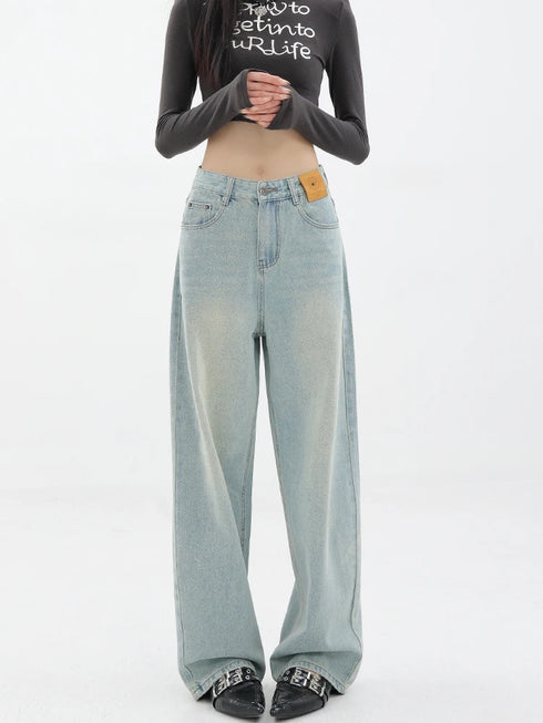 Baggy Straight Denim Pants Women Casual High Waist Vintage Jeans