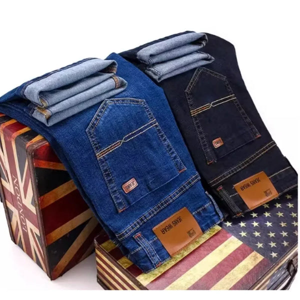 Classic Men Fitted Stretch Jeans Business Casual Straight Leg Mens Jeans