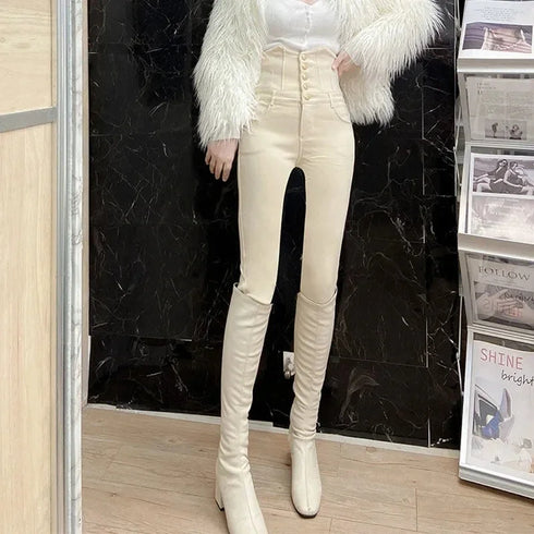 Beige Super High Waist Pencil Jeans Women Korean Slim Denim Pants
