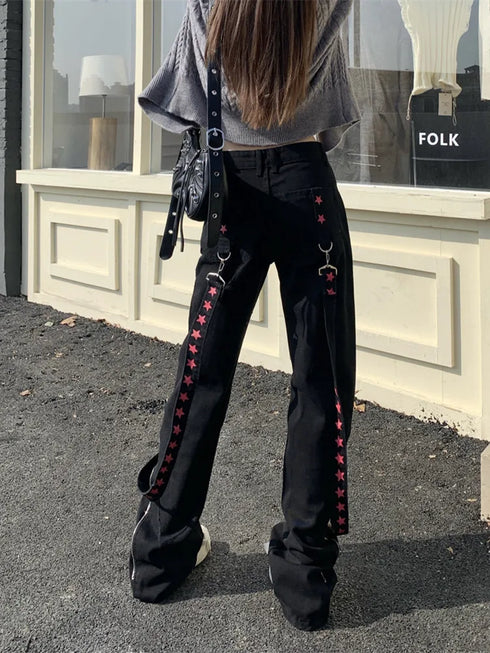 Gothic Y2K Baggy Jeans for Women - Trendy Black Denim Straight Leg Trousers for Hip Hop and Harajuku Styles, Perfect for Fall Outfits and Streetwear Fashion