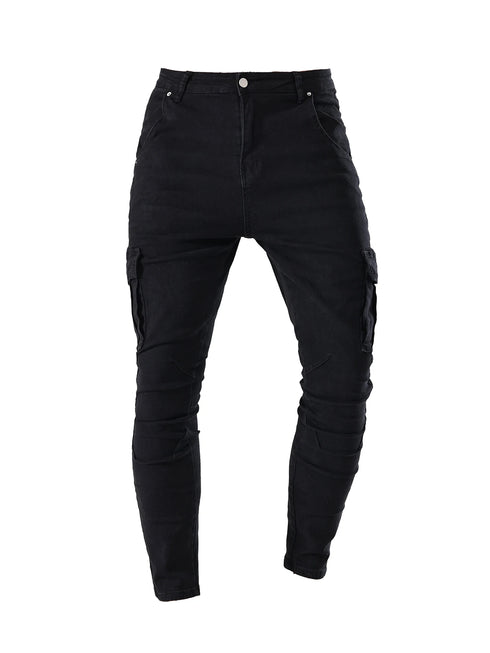 Men's Fashion Elastic Slim Fit Cargo Denim Pants Multi Pockets Casual Skinny Trousers