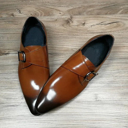 Elegant Men's Leather Dress Shoes for Formal Occasions - Stylish Brogue Loafers with Buckle Strap and Pointed Toe for Weddings and Autumn Events