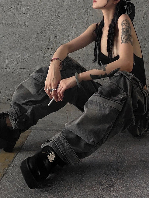 Baggy Y2K Goth Cyber Punk Denim Cargo Pants for Women - Grunge Wide Leg Jeans for Dark Academia and Harajuku Fashion with Pockets and Slight Stretch for Stylish Fall Outfits