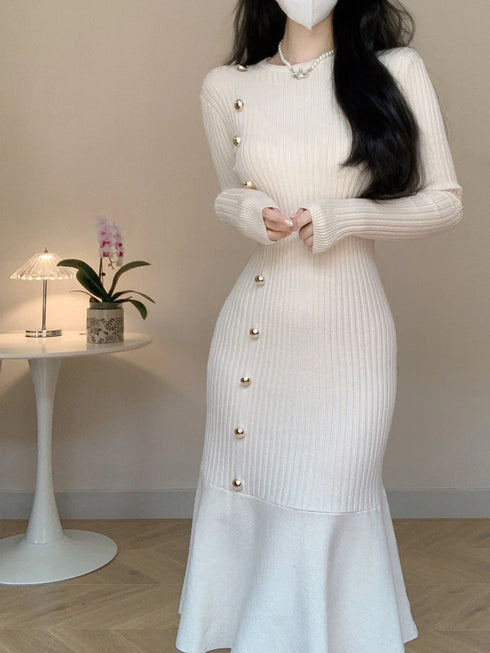 Korean Chic French Knitted Dress Women Long Sleeve Fishtail Bodycon