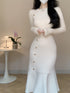 Korean Chic French Knitted Dress Women Long Sleeve Fishtail Bodycon