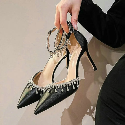 Comemore White Wedding Bridesmaid Satin Pumps with Rhinestones