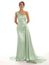 Satin Off-Shoulder Backless Pleated Bridesmaid Dress With Sweep Train Elegant Evening Gown