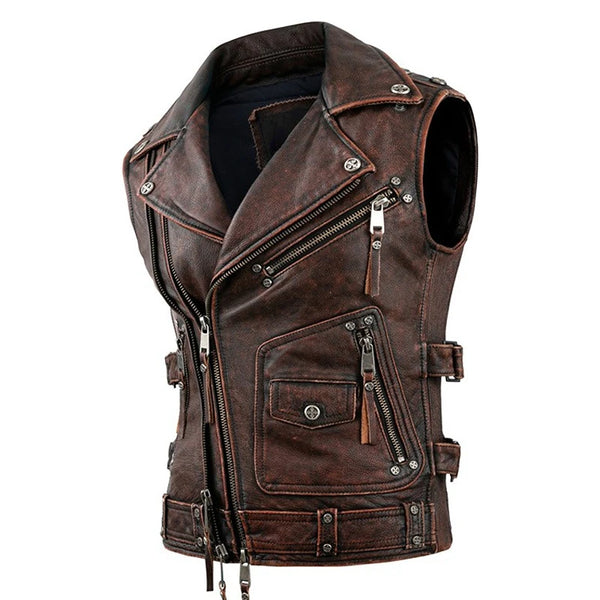 Men's Sleeveless Vintage Motorcycle Biker Vest - Genuine Cowhide Leather Jacket for Riding and Everyday Use
