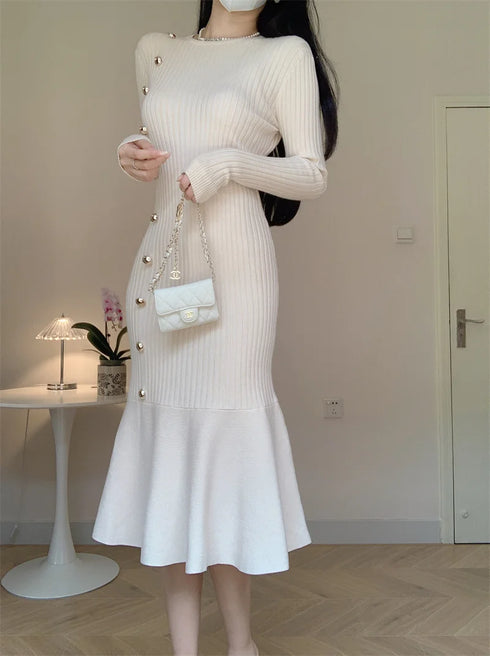 Korean Chic French Knitted Dress Women Long Sleeve Fishtail Bodycon