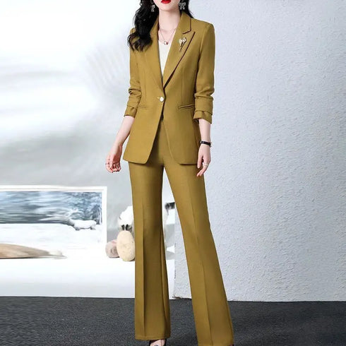 Elegant Women's Blazer Coat and Trousers Suit Set - Stylish Casual Outfit for Office and Autumn Wear with Flare Pants and Slim Fit Design
